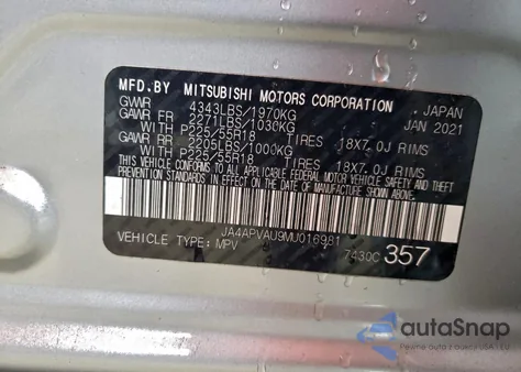 2021 Mitsubishi Outlander Sport Se z USA, uszkodzony, nr VIN JA4APVAU9MU016981